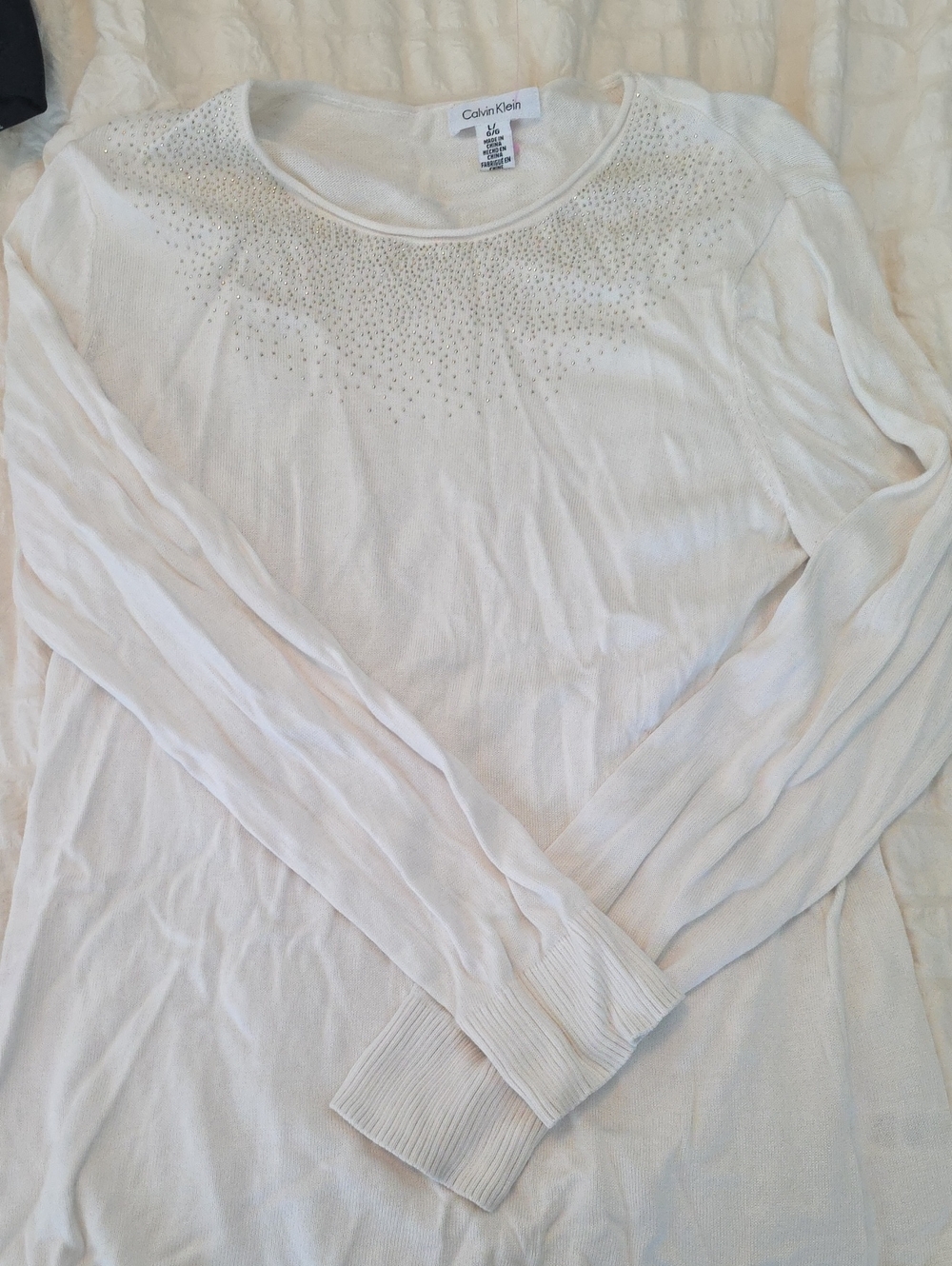 Calvin Klein Ivory Long-Sleeve Rhinestone Accent Top